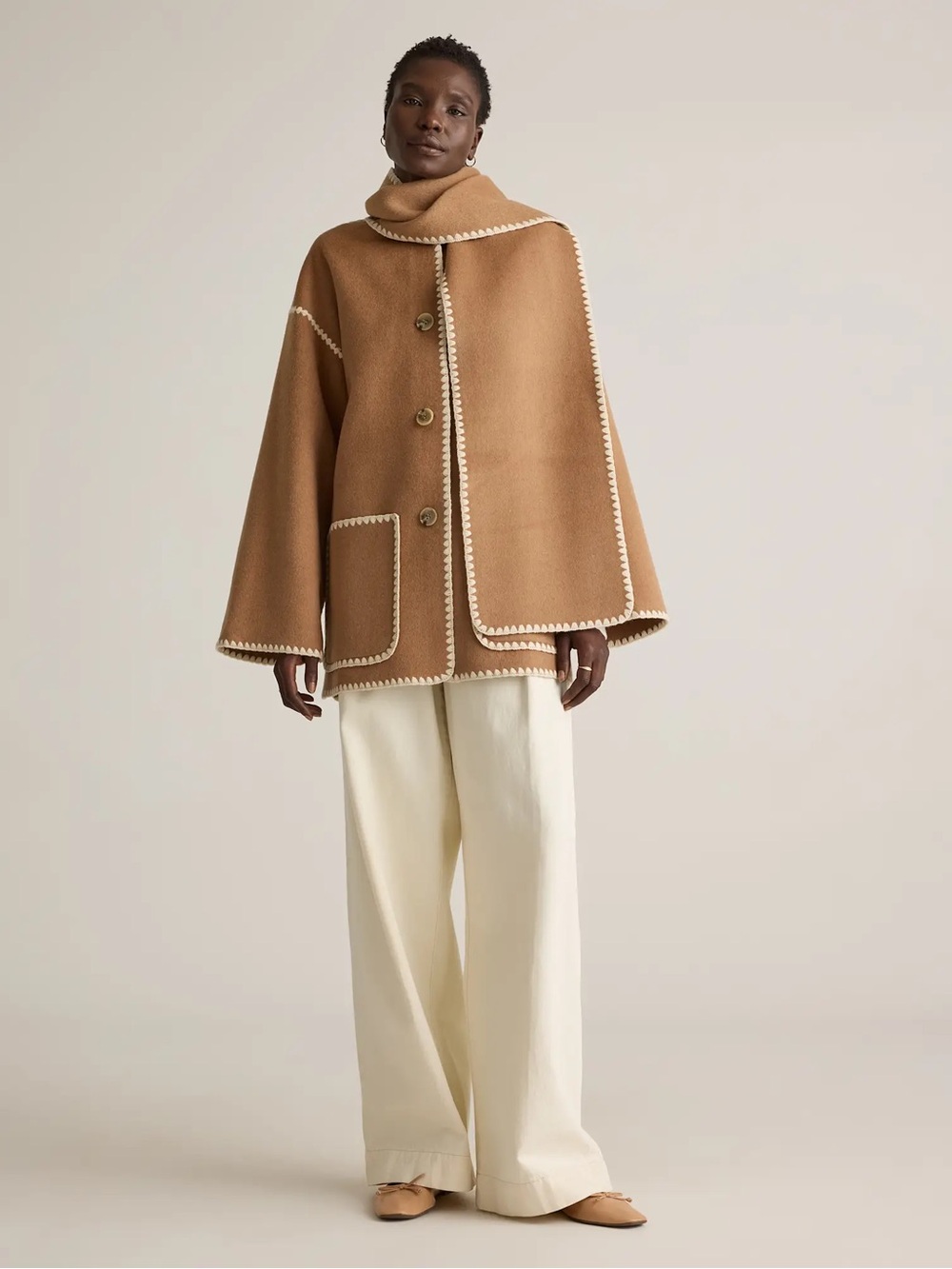 Quince Camel Wool Cape Jacket with Cream Whipstitch Trim Size XL